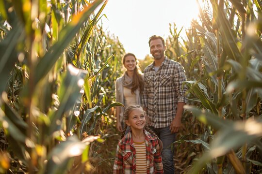 Family walking through high corn maze during golden hour sunlight outdoors
