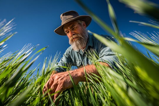 Middle-aged bearded farmer inspecting green crop field in sunlight wearing hat. Agriculture harvesting worker examining cereal plant growth outdoors