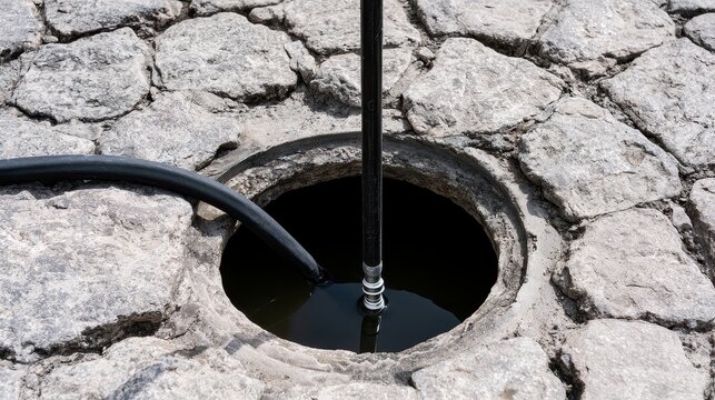 Close-up of open concrete manhole with black drainage pipe and cracked pavement surface