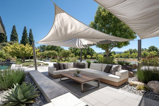 Modern outdoor patio lounge seating beneath fabric shade sails with wooden coffee table, lush garden landscaping, and sunny blue sky