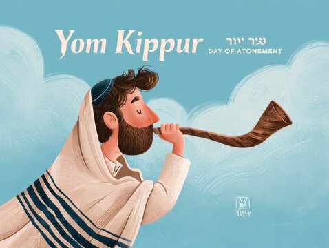Person blowing shofar during yom kippur prayer