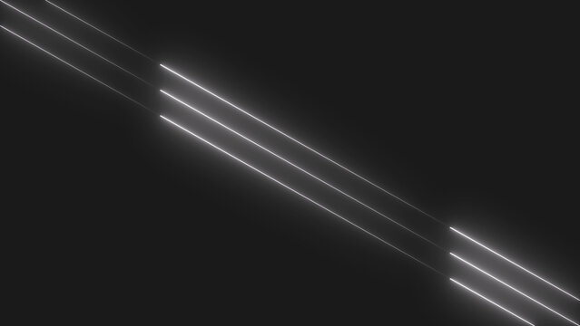 Abstract background with three glowing white diagonal lines made of small digital dots on a dark black surface for modern technology and futuristic motion design concepts