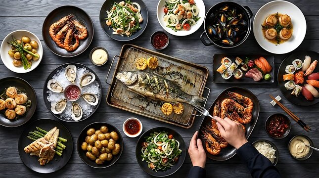 A flat lay top view of a large variety of seafood dishes