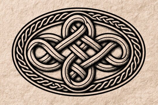 Hand-drawn Celtic oval circle, continuous interlacing pattern for borders and jewelry motifs