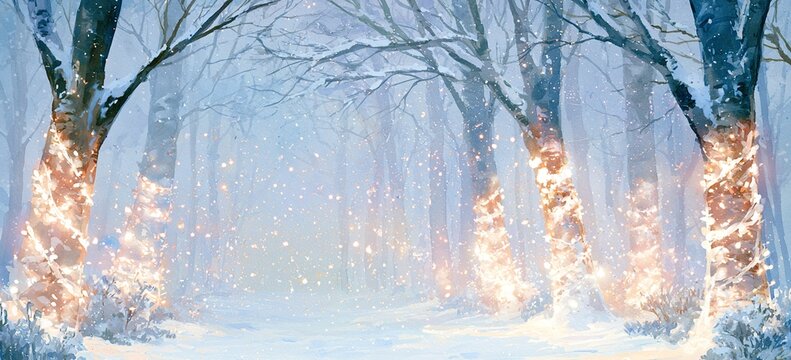 Watercolor trees strung with warm white fairy lights in snow covered enchanted forest, soft color gradients, open sky area for design text