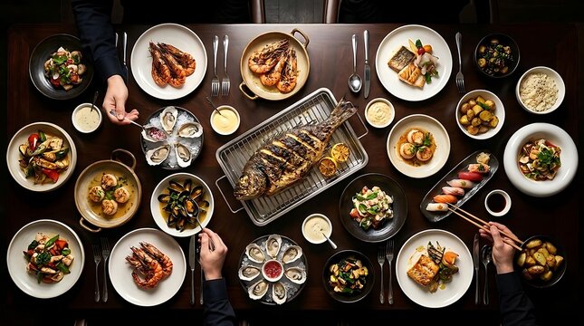 Top view of a diverse seafood banquet served on a wooden dining table