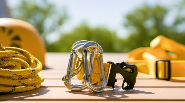 Climbing carabiners and yellow safety rope on a wooden table for outdoor adventure sports.
