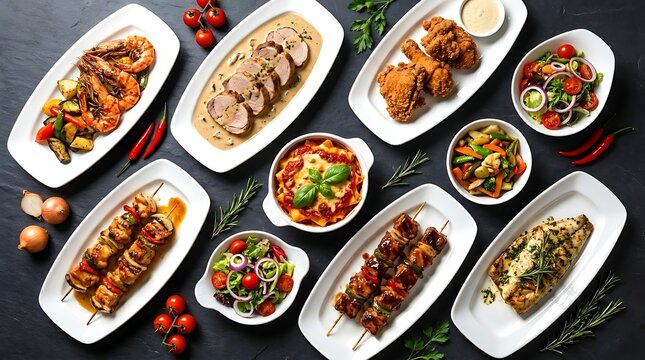 Top view of various delicious dishes arranged on a dark table