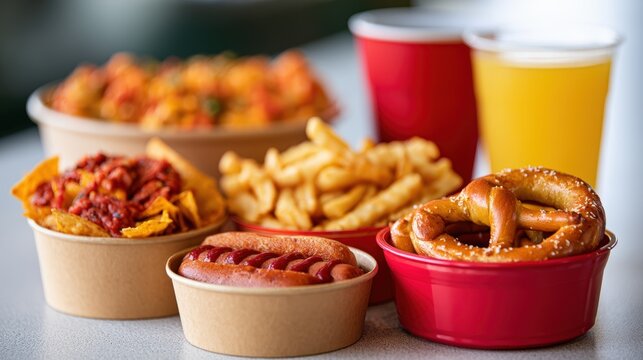 Classic concession stand snacks on counter in bright daylight