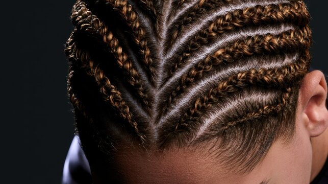Close up of intricate cornrow braids hairstyle on a person with dark skin against black background