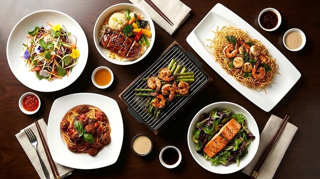 Top view of a diverse Asian feast with various delicious dishes