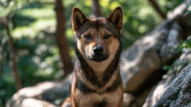 Head-and-shoulder portrait of a Jindo dog in a rugged forest setting