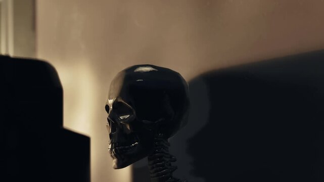 A black skull sits on a table in a room. Soft light falls on the skull, creating shadows on the wall. The setting appears quiet and dim, adding to the overall atmosphere.
