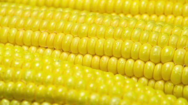 Young Corn with Water Drops. Ripe corn cobs are covered with water drops. They slowly rotate in front of the camera