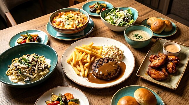 Delicious variety of dishes served on wooden restaurant table