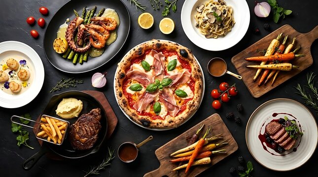Top view of a gourmet feast with various delicious dishes and pizza
