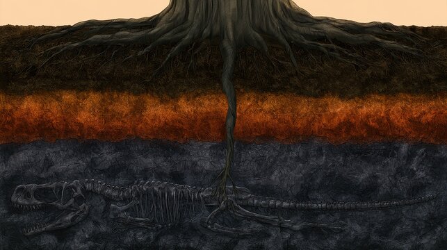 Cross section of soil layers with tree roots growing deep into the earth underground strata.