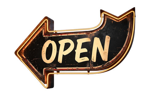 Vintage illuminated arrow sign with open message for business funny animal emoji isolated on transparent background