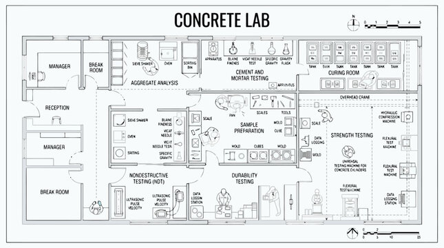 Concrete Laboratory Floor Plan with Equipment and Testing Areas Labeled blueprint architectural drawing