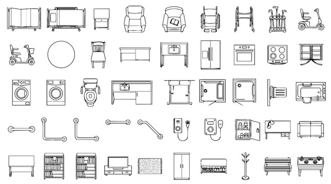 Senior Friendly Aging in Place Home Floor Plan Accessible Furniture and Bathroom CAD Vector Icons, Residential Safety Symbols