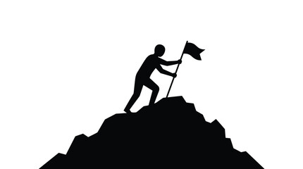 Fototapeta premium Person standing on top of a mountain peak holding a flag in this minimalist black vector illustration for professional business