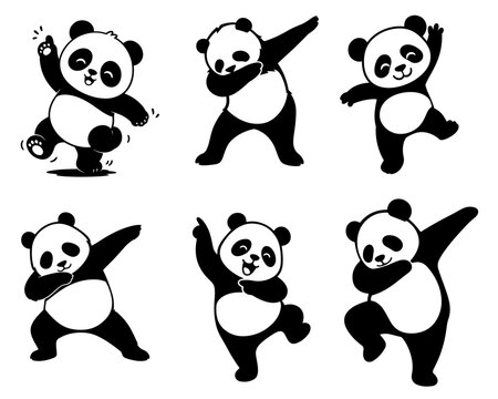 Set of cute hand drawn panda bears performing various dance moves and funny poses on white background