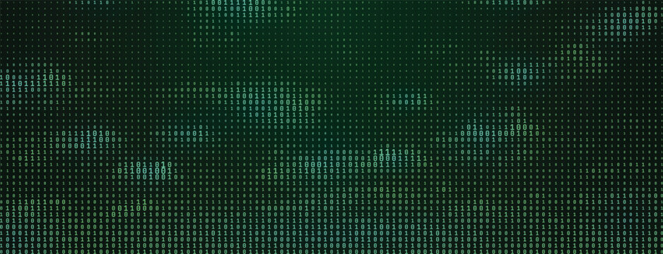 Vector binary green digits clouds on a black background. Thin  code pattern with digital data texture and density gradation.  