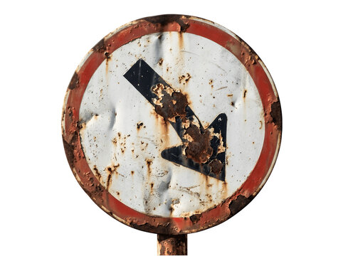 Rusty and weathered traffic sign with a downward arrow symbol funny animal emoji isolated on transparent background