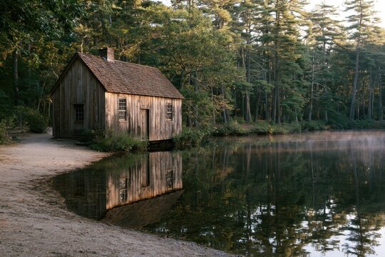 Historic cabin replica along a reflective lakeside at a Massachusetts nature reserve
