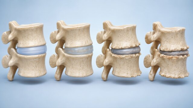 Four-stage intervertebral disc degeneration from healthy disc to severe collapse and osteophyte formation shown in premium clinical CGI on a clean pale blue medical background.