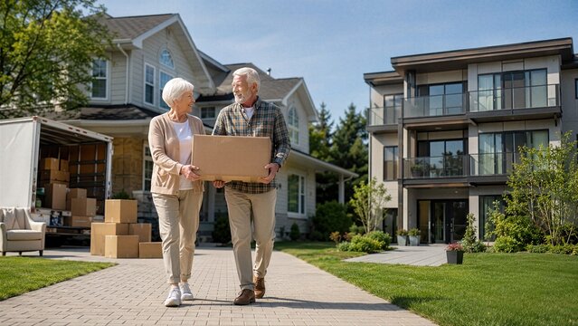 Senior couple carries one moving box from large family house toward smaller apartment, creating clear retirement relocation and downsizing concept with visible housing change.