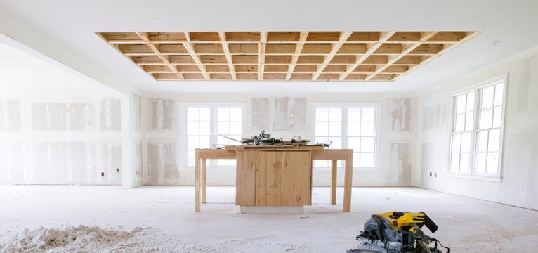 Residential home interior under construction with exposed wooden ceiling joists and island.