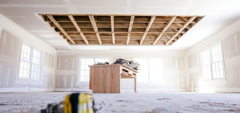 Residential home interior under construction with exposed wooden ceiling joists and drywall.