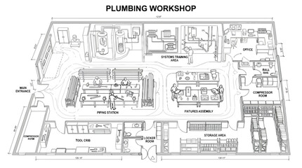 Obraz premium Detailed Architectural Floor Plan of a Plumbing Workshop with Labeled Areas plumbing workshop floor plan