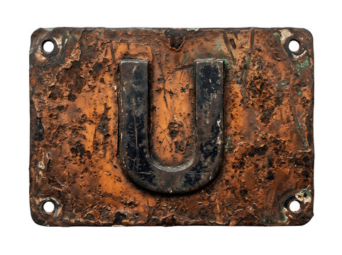 Rusty metal plaque with a large letter u in black finish funny animal emoji isolated on transparent background