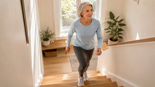 Confident stair movement shows later life wellness through everyday function, combining mobility, stability and sustained independence in familiar home setting.