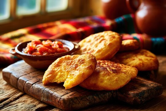 Homemade Chilean sopaipillas golden fried and served with fresh tomato salsa