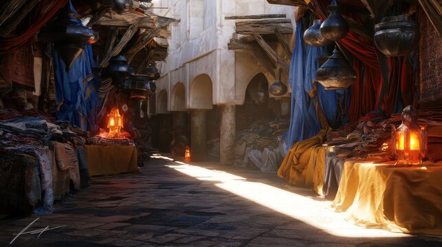 Traditional outdoor market street with handmade textiles and warm glowing lanterns