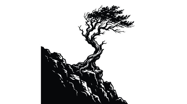 Twisted windblown pine tree growing on a rocky cliff edge depicted as a bold black and white vector graphic illustration