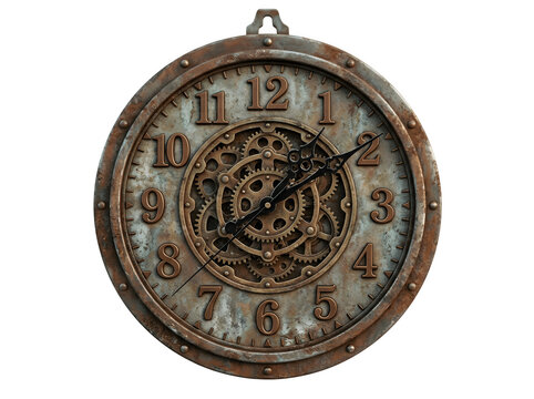 Vintage steampunk clock with visible gears and rusted finish funny animal emoji isolated on transparent background