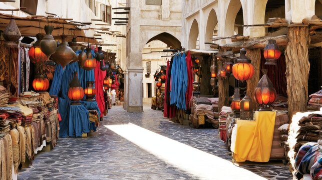 Traditional outdoor market street with glowing lanterns and handmade textile goods