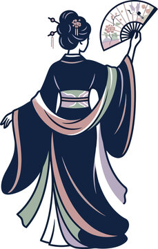 Elegant japanese geisha woman wearing a traditional dark blue kimono holding a folding fan looking away