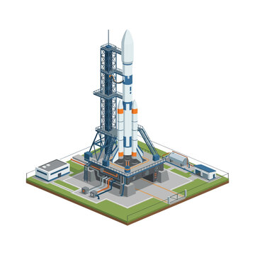 Isometric Vector Illustration of a Space Rocket Standing on a Launch Pad at a Space Center Facility