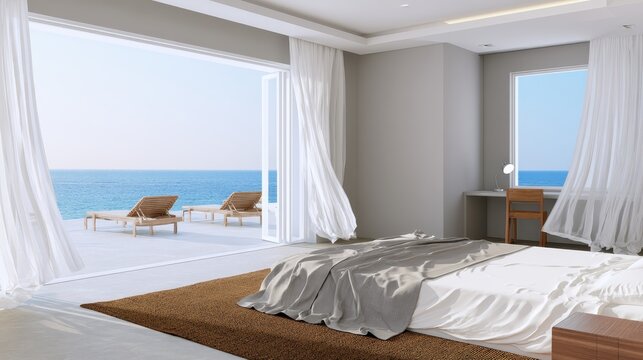 Modern luxury bedroom interior with open balcony and panoramic ocean view