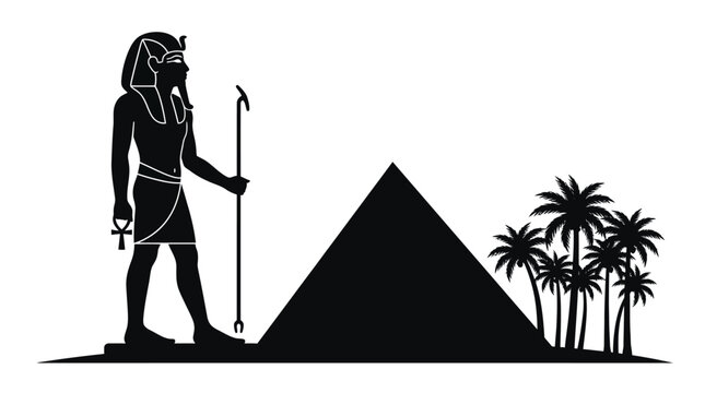 Egyptian pharaoh silhouette standing beside a large pyramid graphic with palm trees in a minimalist black vector art design style