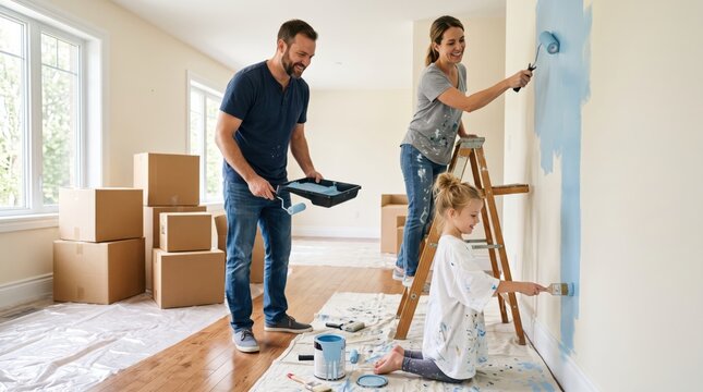 Visible moving boxes and painted wall make family relocation instantly clear, linking first home, renovation, child participation and shared fresh start together.