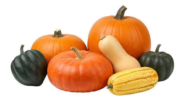 Assortment of fresh pumpkins and squashes for autumn harvest and decoration.