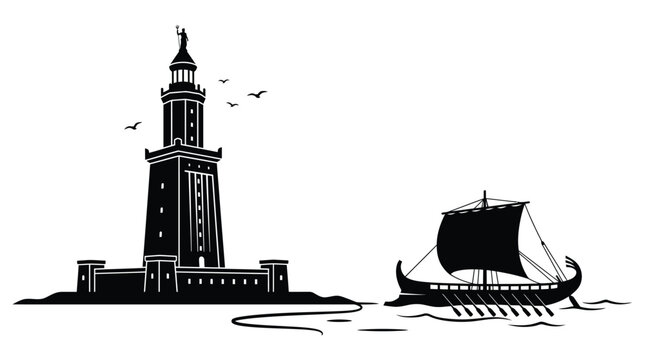 Lighthouse of Alexandria vector illustration featuring an ancient greek trireme sailing on calm ocean waters under a minimalist sky design