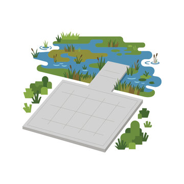 Flat vector illustration of a wooden pier or dock extending into a peaceful marshy pond landscape