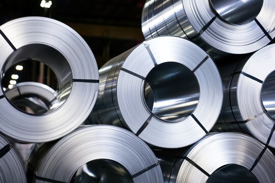 Stacked industrial steel coils in a warehouse for manufacturing and metal production supply.